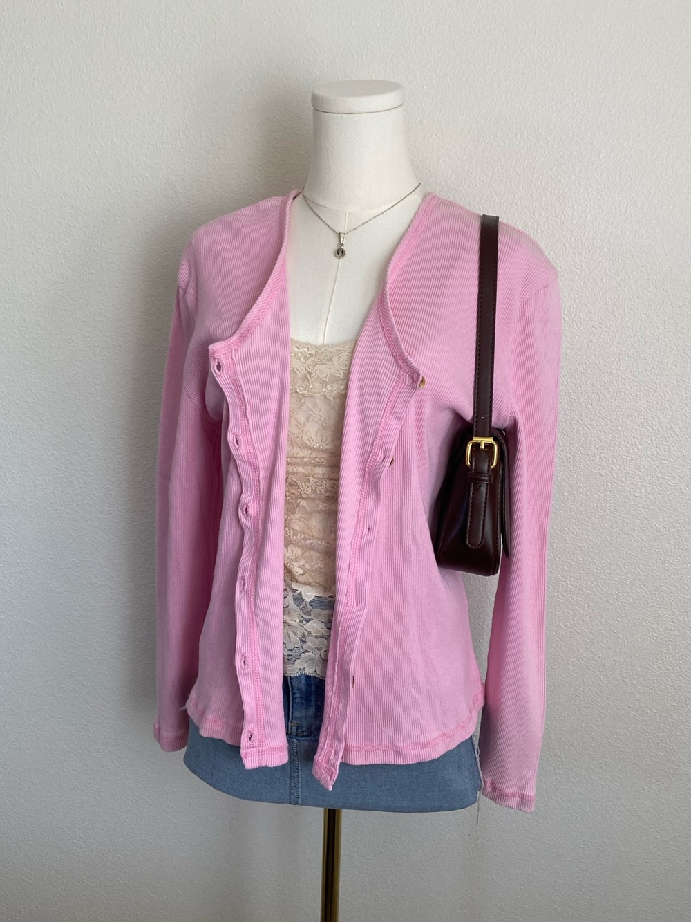 Vintage Y2K Cotton Baby USA Pink Sweater Cardigan Mother of Pearl Buttons Ribbed